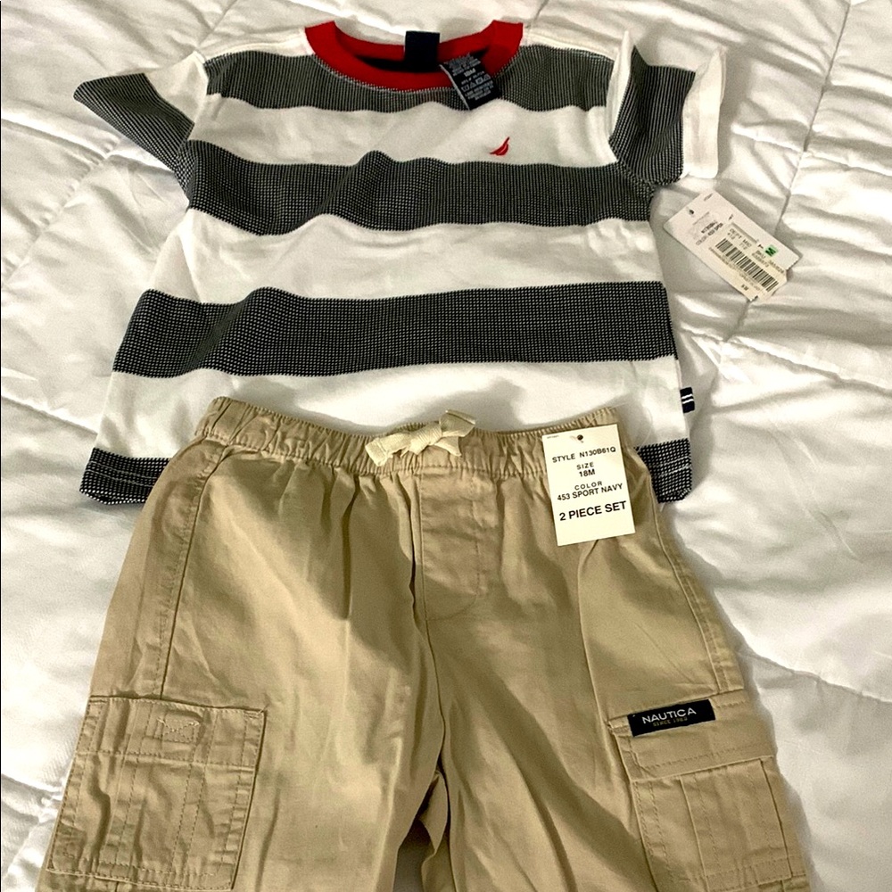 Nautica Navy Striped Shirt and Tan Shorts Set